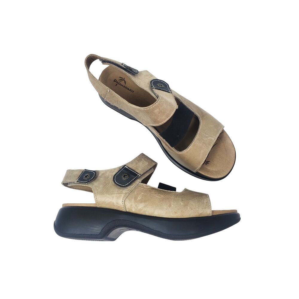 Dromedaris Leather Slingback Comfort Wedge Sandals Adjustable Beige Tan Size 42